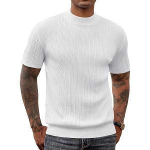 imageCOOFANDY Mens Mock Turtleneck Sweater Short Sleeve Casual Basic Tops Ribbed Knit Pullover Solid TeePat5 White Striped