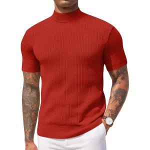 imageCOOFANDY Mens Mock Turtleneck Sweater Short Sleeve Casual Basic Tops Ribbed Knit Pullover Solid TeeRed