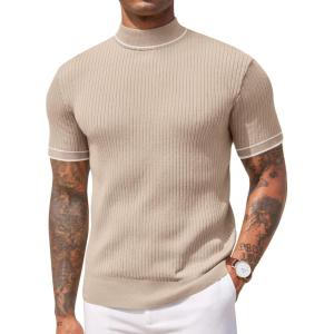 imageCOOFANDY Mens Mock Turtleneck Sweater Short Sleeve Casual Basic Tops Ribbed Knit Pullover Solid TeeStriped Beige