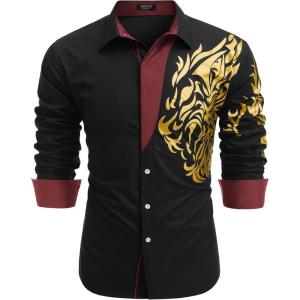 imageCOOFANDY Mens Print Button Down Dress Shirt Fashion Long Sleeve Casual ShirtsBlack  Gold Tiger