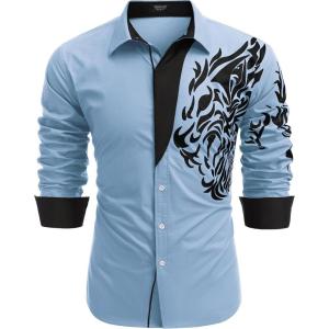 imageCOOFANDY Mens Print Button Down Dress Shirt Fashion Long Sleeve Casual ShirtsBlue Tiger