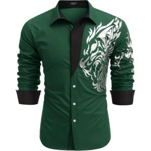 imageCOOFANDY Mens Print Button Down Dress Shirt Fashion Long Sleeve Casual ShirtsGreen Tiger