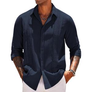 imageCOOFANDY Mens Shirt Long Sleeve Casual Shirt for Men Beach Wedding Outfit Navy Blue