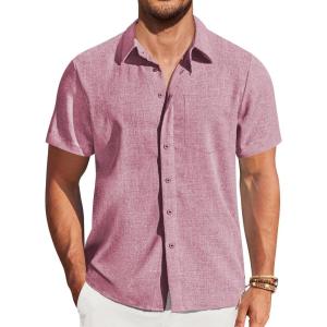 imageCOOFANDY Mens Short Sleeve Button Down Shirt with PocketPink