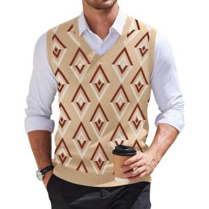 imageCOOFANDY Mens Sweater Vest V Neck Sleeveless Sweater Slim Fit Casual Knitted Vest SweatersArgyle Khaki