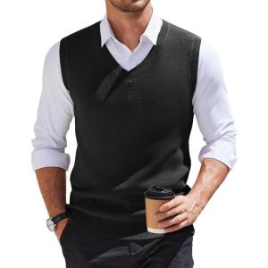 imageCOOFANDY Mens Sweater Vest V Neck Sleeveless Sweater Slim Fit Casual Knitted Vest SweatersBlack
