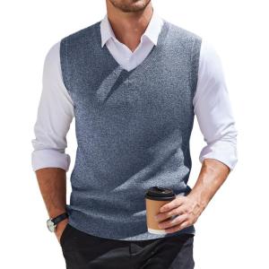 imageCOOFANDY Mens Sweater Vest V Neck Sleeveless Sweater Slim Fit Casual Knitted Vest SweatersBlue and White