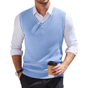imageCOOFANDY Mens Sweater Vest V Neck Sleeveless Sweater Slim Fit Casual Knitted Vest SweatersBlue and White Stripe