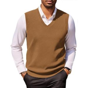 imageCOOFANDY Mens Sweater Vest V Neck Sleeveless Sweater Slim Fit Casual Knitted Vest SweatersBrown