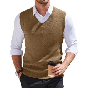 imageCOOFANDY Mens Sweater Vest V Neck Sleeveless Sweater Slim Fit Casual Knitted Vest SweatersKhaki