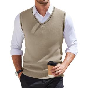 imageCOOFANDY Mens Sweater Vest V Neck Sleeveless Sweater Slim Fit Casual Knitted Vest SweatersKhaki and Black Stripe