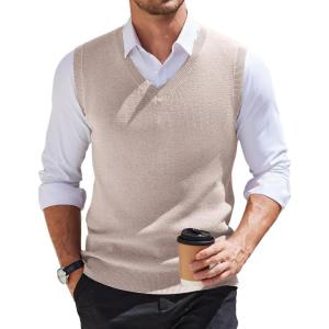imageCOOFANDY Mens Sweater Vest V Neck Sleeveless Sweater Slim Fit Casual Knitted Vest SweatersLight Khaki