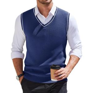 imageCOOFANDY Mens Sweater Vest V Neck Sleeveless Sweater Slim Fit Casual Knitted Vest SweatersNavy Blue and White Stripe