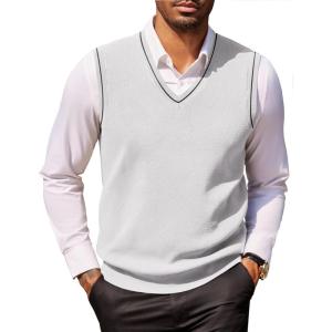 imageCOOFANDY Mens Sweater Vest V Neck Sleeveless Sweater Slim Fit Casual Knitted Vest SweatersWhite and Black Stripe