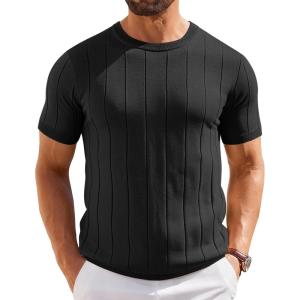 imageCOOFANDY Mens T Shirts Casual Short Sleeve Crewneck Shirts Solid Textured Knit Pullover TeesB Black
