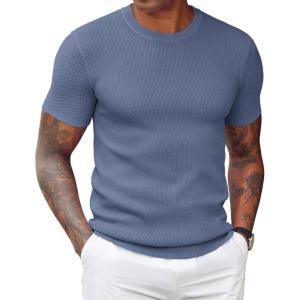 imageCOOFANDY Mens T Shirts Casual Short Sleeve Crewneck Shirts Solid Textured Knit Pullover TeesGrey Blue
