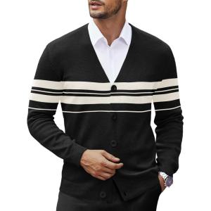imageCOOFANDY Mens V Neck Cardigan Sweater Casual Lightweight Button Down Knitted Cardigan SweaterBlack Stripe