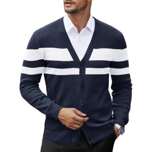 imageCOOFANDY Mens V Neck Cardigan Sweater Casual Lightweight Button Down Knitted Cardigan SweaterNavy Blue Stripe