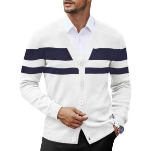 imageCOOFANDY Mens V Neck Cardigan Sweater Casual Lightweight Button Down Knitted Cardigan SweaterWhite Stripe
