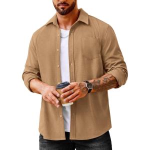 imageCOOFANDY Mens Waffle Button Down Shirts Casual Long Sleeve Shacket Jacket with PocketsKhaki