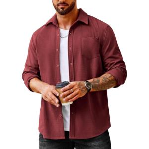 imageCOOFANDY Mens Waffle Button Down Shirts Casual Long Sleeve Shacket Jacket with PocketsWine Red