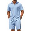 imageCOOFANDY Mens 2 Piece Outfit Casual Short Sleeve Button Down Shirt and Beach Shorts Set Summer Vacation Outfits for MenWhite Blue Stripe