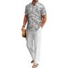 imageCOOFANDY Mens 2 Pieces Cotton Linen Set Casual Short Sleeve Henley Shirts Beach Yoga Pants Summer OutfitsFloral Grey