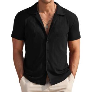 imageCOOFANDY Brown Button Up Shirt Men Knitted Polo Shirts Cuban Beach Shirts Button Down Polo Shirt
