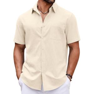 imageCOOFANDY Button Down Shirt for Men Short Sleeve Casual Shirt Summer Beach Vacation Shirt with PocketBeige