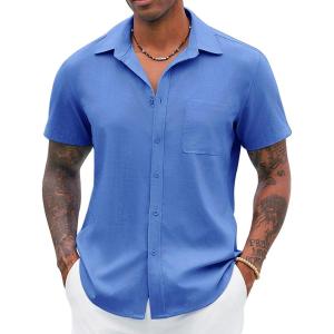 imageCOOFANDY Button Down Shirt for Men Short Sleeve Casual Shirt Summer Beach Vacation Shirt with PocketBlue