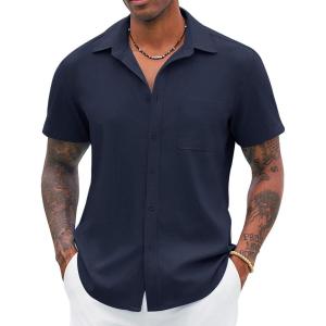 imageCOOFANDY Button Down Shirt for Men Short Sleeve Casual Shirt Summer Beach Vacation Shirt with PocketDark Blue