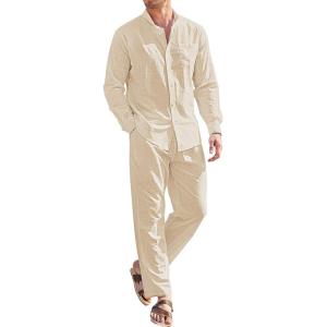 imageCOOFANDY Linen Sets For Men 2 Piece Button Down Shirt Long Sleeve And Casual Beach Drawstring Waist Pants Summer Outfits