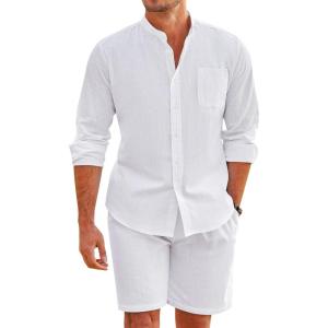 imageCOOFANDY Linen Sets For Men 2 Piece Button Down Shirt Long Sleeve and Casual Beach Drawstring Waist Shorts Summer Outfits