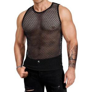 imageCOOFANDY Men Casual Tank Tops Mesh Shirt See Through Sleeveless Shirts Muscle Fishnet Fitted Tee Clubwear SummerBlack