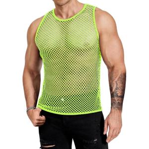 imageCOOFANDY Men Casual Tank Tops Mesh Shirt See Through Sleeveless Shirts Muscle Fishnet Fitted Tee Clubwear SummerLime Green