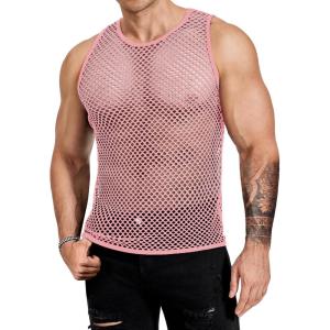 imageCOOFANDY Men Casual Tank Tops Mesh Shirt See Through Sleeveless Shirts Muscle Fishnet Fitted Tee Clubwear SummerPink