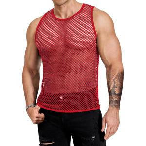 imageCOOFANDY Men Casual Tank Tops Mesh Shirt See Through Sleeveless Shirts Muscle Fishnet Fitted Tee Clubwear SummerRed