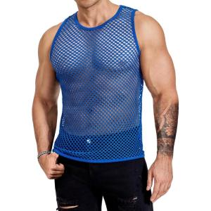 imageCOOFANDY Men Casual Tank Tops Mesh Shirt See Through Sleeveless Shirts Muscle Fishnet Fitted Tee Clubwear SummerRoyal Blue