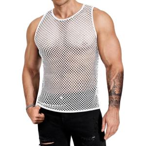 imageCOOFANDY Men Casual Tank Tops Mesh Shirt See Through Sleeveless Shirts Muscle Fishnet Fitted Tee Clubwear SummerWhite