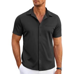 imageCOOFANDY Men Summer Short Sleeve Button Down Stretch Dress Shirt Casual Stylish Slim Fit Muscle Fit Dress Shirt Black