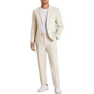 imageCOOFANDY Mens 2 Piece Linen Suits Set Regular Fit Casual Linen Lightweight Suit Summer Beach WeddingLight Khaki