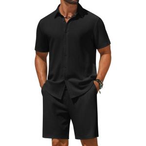 imageCOOFANDY Mens 2 Piece Outfit Casual Short Sleeve Button Down Shirt and Beach Shorts Set Summer Vacation Outfits for MenBlack