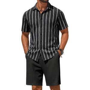 imageCOOFANDY Mens 2 Piece Outfit Casual Short Sleeve Button Down Shirt and Beach Shorts Set Summer Vacation Outfits for MenBlack Stripe