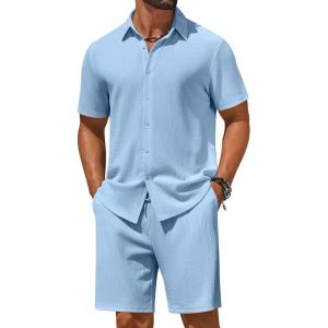 imageCOOFANDY Mens 2 Piece Outfit Casual Short Sleeve Button Down Shirt and Beach Shorts Set Summer Vacation Outfits for MenBlue