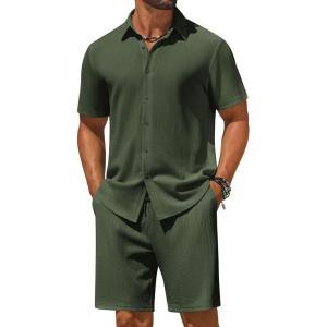 imageCOOFANDY Mens 2 Piece Outfit Casual Short Sleeve Button Down Shirt and Beach Shorts Set Summer Vacation Outfits for MenDark Green