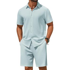 imageCOOFANDY Mens 2 Piece Outfit Casual Short Sleeve Button Down Shirt and Beach Shorts Set Summer Vacation Outfits for MenLight Blue