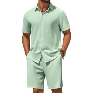 imageCOOFANDY Mens 2 Piece Outfit Casual Short Sleeve Button Down Shirt and Beach Shorts Set Summer Vacation Outfits for MenLight Green