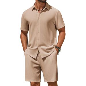 imageCOOFANDY Mens 2 Piece Outfit Casual Short Sleeve Button Down Shirt and Beach Shorts Set Summer Vacation Outfits for MenLight Khaki