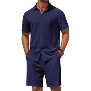 imageCOOFANDY Mens 2 Piece Outfit Casual Short Sleeve Button Down Shirt and Beach Shorts Set Summer Vacation Outfits for MenNavy Blue