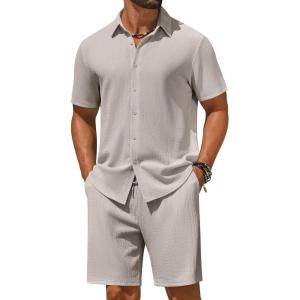 imageCOOFANDY Mens 2 Piece Outfit Casual Short Sleeve Button Down Shirt and Beach Shorts Set Summer Vacation Outfits for MenStone